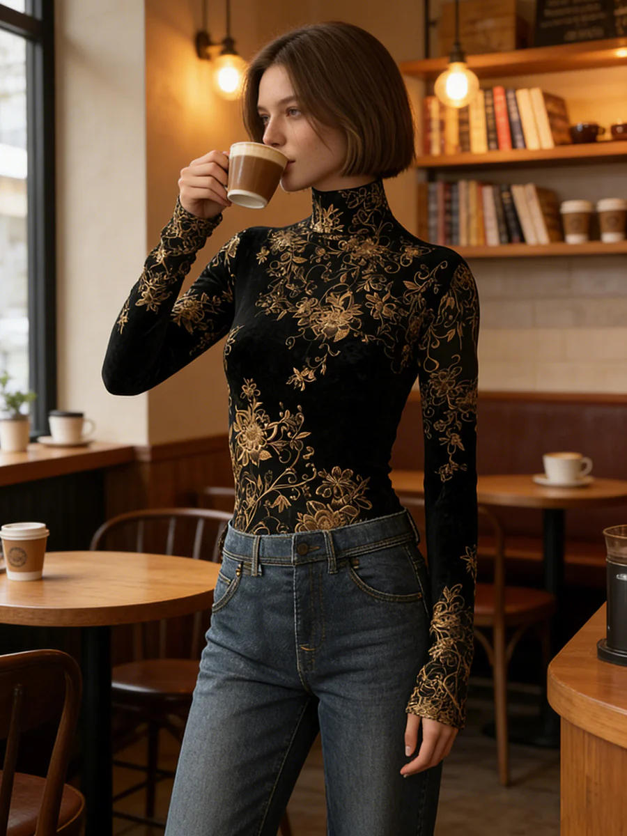 Long Sleeves Skinny Contrast Color Flower Print Split-Joint High Neck Blouses&Shirts Tops - Image 2
