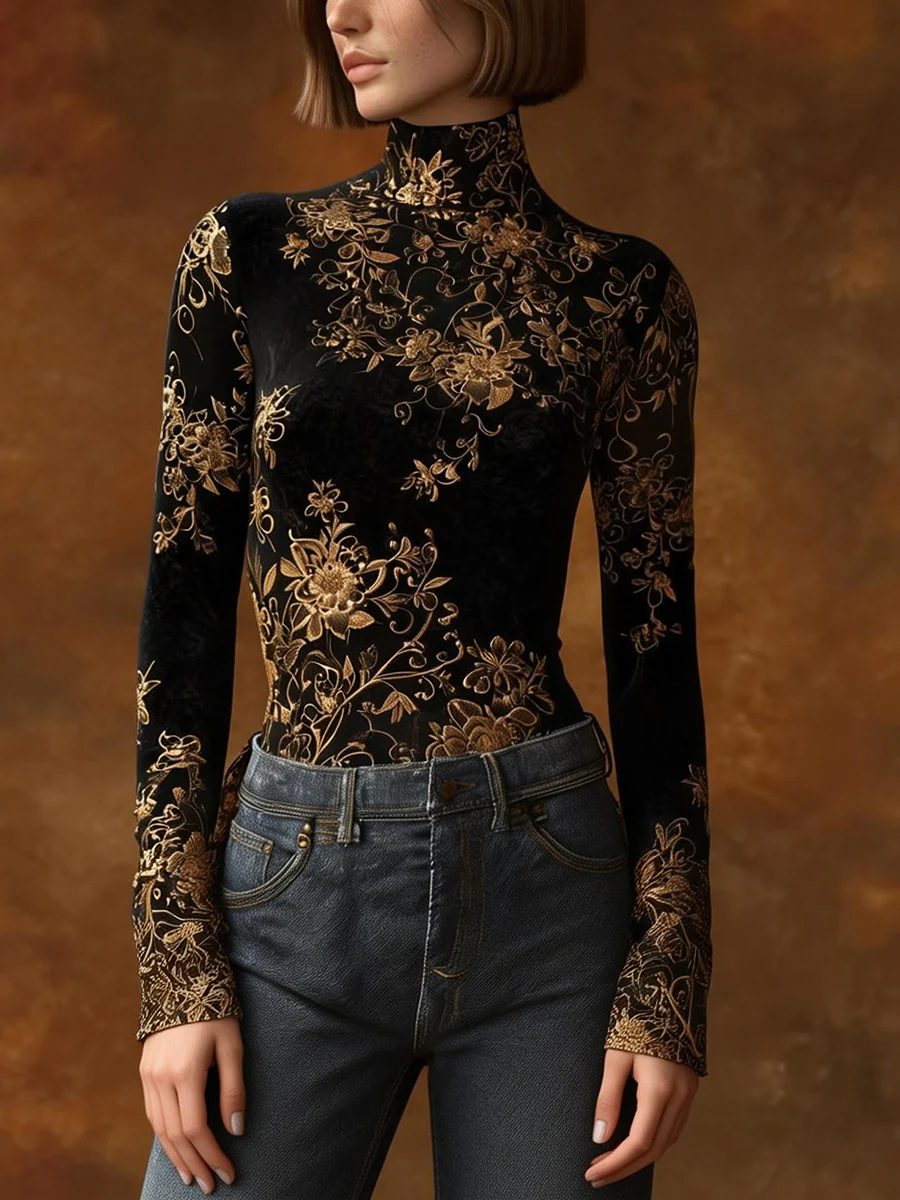 Long Sleeves Skinny Contrast Color Flower Print Split-Joint High Neck Blouses&Shirts Tops - Image 4