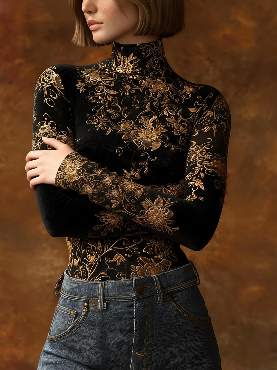 Long Sleeves Skinny Contrast Color Flower Print Split-Joint High Neck Blouses&Shirts Tops - Image 5