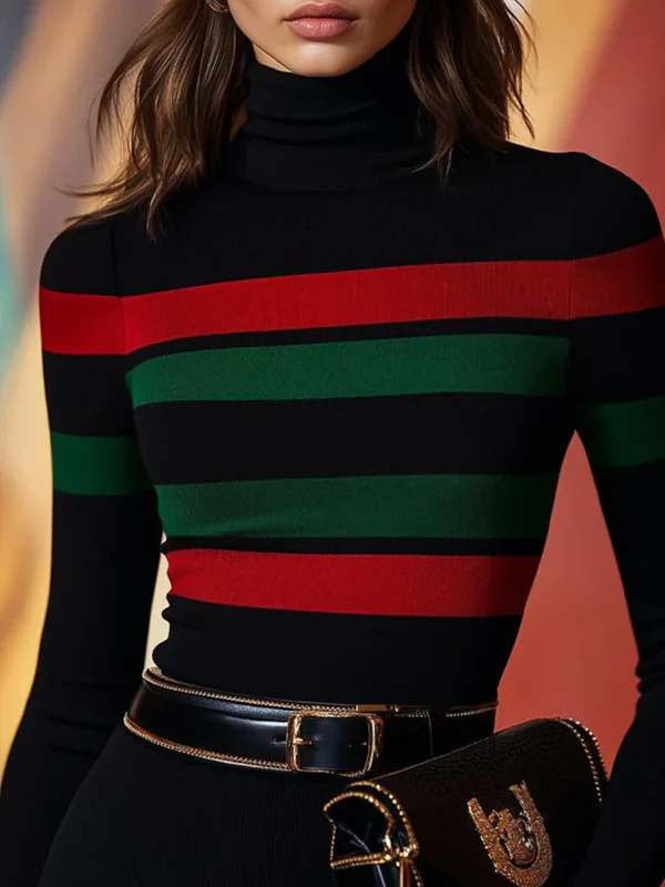 Long Sleeves Skinny Contrast Color High Neck T-Shirts Tops - Image 2