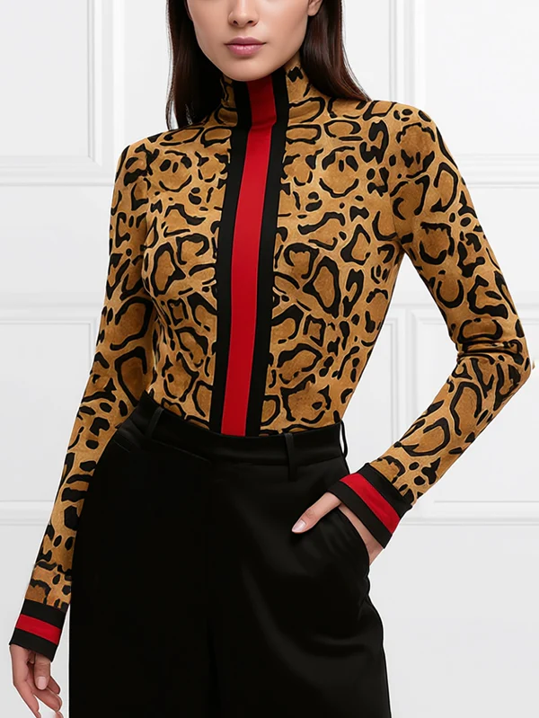 Long Sleeves Skinny Contrast Color Leopard High Neck T-Shirts Tops - Image 2