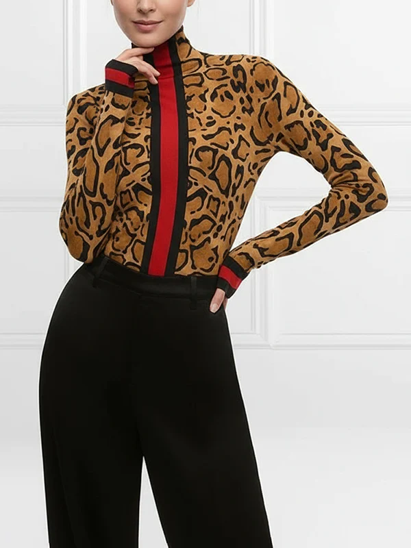 Long Sleeves Skinny Contrast Color Leopard High Neck T-Shirts Tops - Image 3