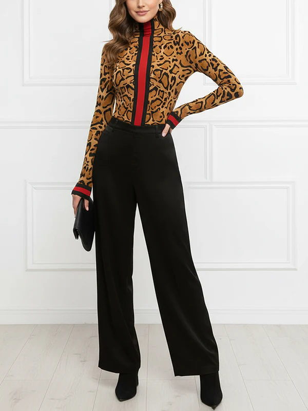 Long Sleeves Skinny Contrast Color Leopard High Neck T-Shirts Tops - Image 4