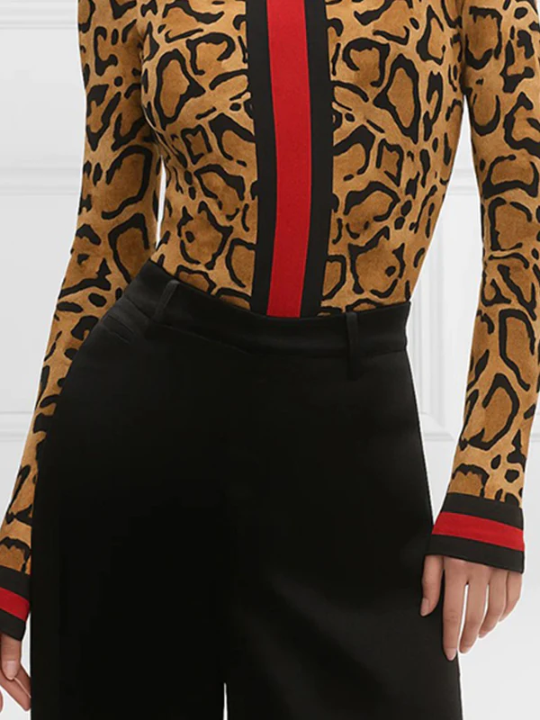 Long Sleeves Skinny Contrast Color Leopard High Neck T-Shirts Tops - Image 5