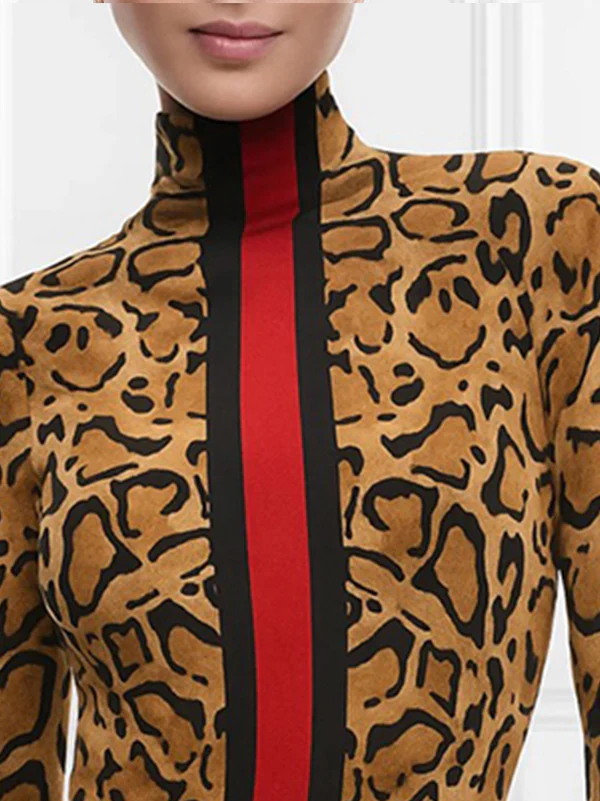 Long Sleeves Skinny Contrast Color Leopard High Neck T-Shirts Tops - Image 6