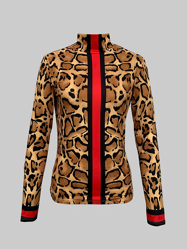 Long Sleeves Skinny Contrast Color Leopard High Neck T-Shirts Tops - Image 7