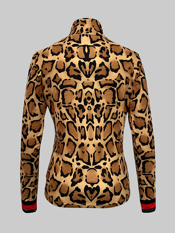 Long Sleeves Skinny Contrast Color Leopard High Neck T-Shirts Tops - Image 8