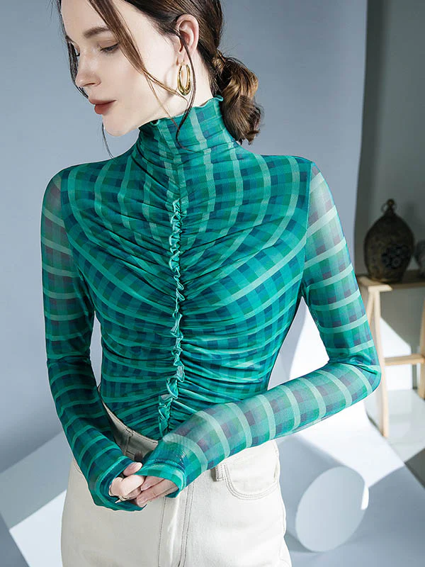 Long Sleeves Skinny Contrast Color Plaid Pleated Split-Joint High-Neck Blouses&Shirts Tops - Image 2