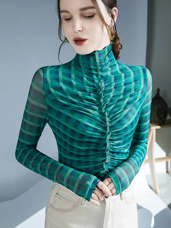 Long Sleeves Skinny Contrast Color Plaid Pleated Split-Joint High-Neck Blouses&Shirts Tops - Image 3