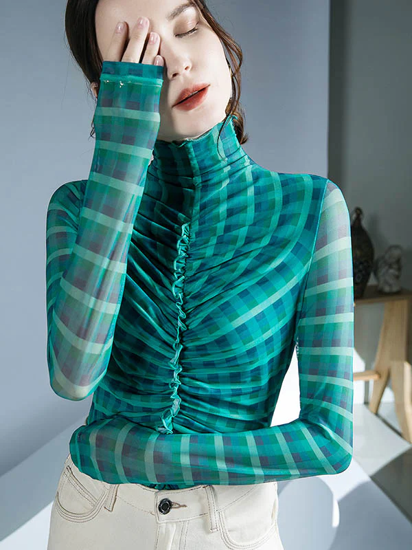 Long Sleeves Skinny Contrast Color Plaid Pleated Split-Joint High-Neck Blouses&Shirts Tops - Image 4