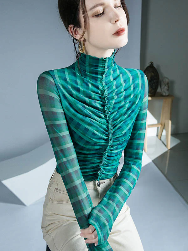 Long Sleeves Skinny Contrast Color Plaid Pleated Split-Joint High-Neck Blouses&Shirts Tops - Image 5
