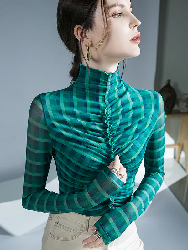 Long Sleeves Skinny Contrast Color Plaid Pleated Split-Joint High-Neck Blouses&Shirts Tops - Image 6