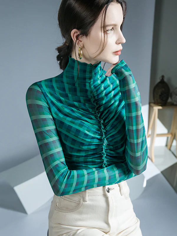 Long Sleeves Skinny Contrast Color Plaid Pleated Split-Joint High-Neck Blouses&Shirts Tops - Image 7