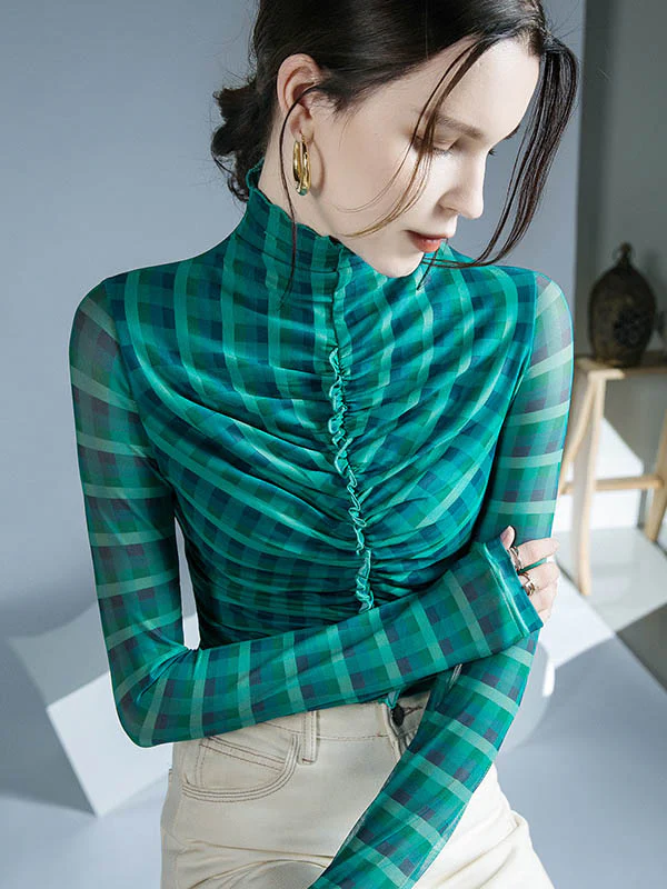Long Sleeves Skinny Contrast Color Plaid Pleated Split-Joint High-Neck Blouses&Shirts Tops - Image 8