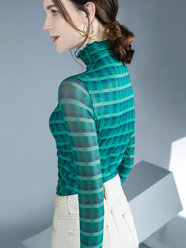 Long Sleeves Skinny Contrast Color Plaid Pleated Split-Joint High-Neck Blouses&Shirts Tops - Image 9