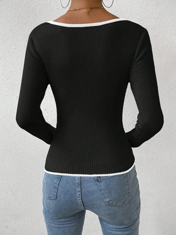 Long Sleeves Skinny Contrast Color Pleated Split-Joint V-Neck T-Shirts - Image 4