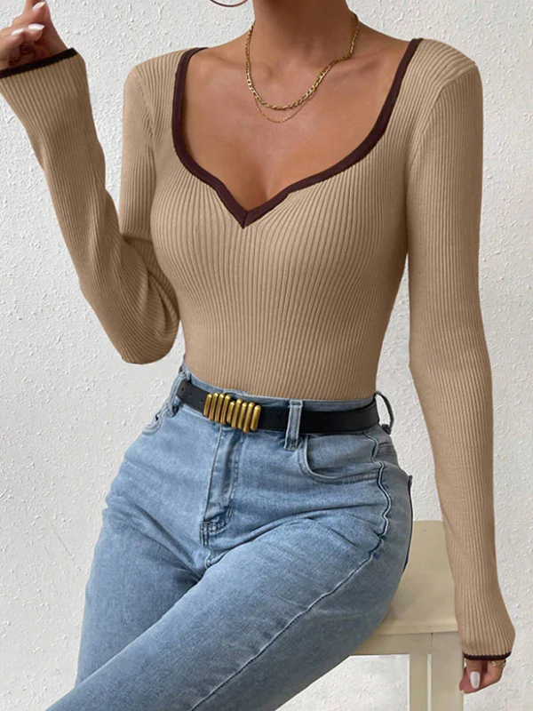 Long Sleeves Skinny Contrast Color Pleated Split-Joint V-Neck T-Shirts - Image 5