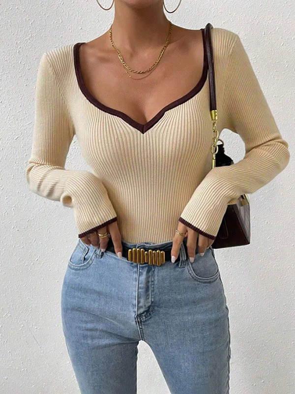 Long Sleeves Skinny Contrast Color Pleated Split-Joint V-Neck T-Shirts - Image 7