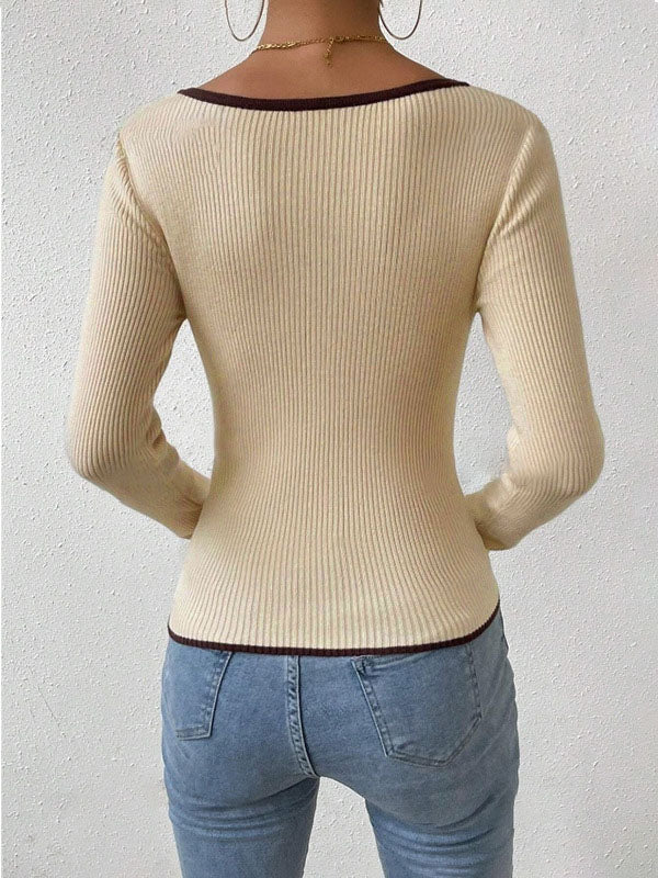 Long Sleeves Skinny Contrast Color Pleated Split-Joint V-Neck T-Shirts - Image 8
