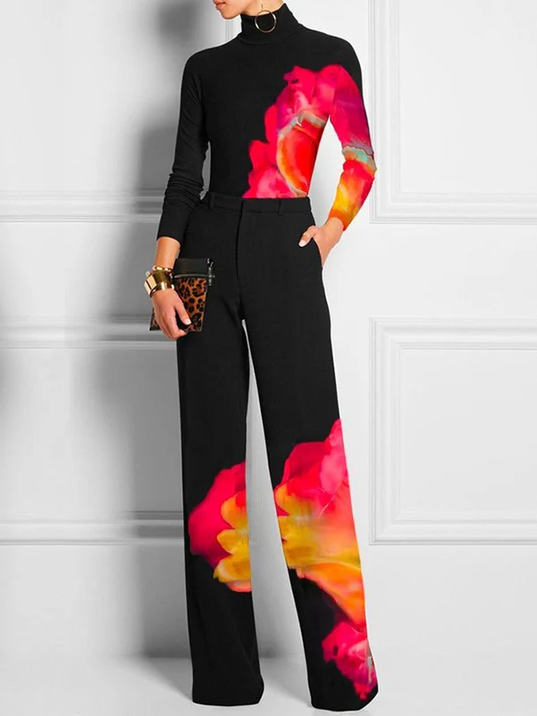 Long Sleeves Skinny Contrast Color Printed High Neck T-Shirts - Image 2