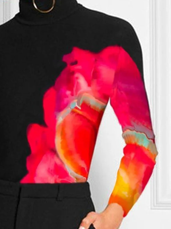 Long Sleeves Skinny Contrast Color Printed High Neck T-Shirts - Image 3