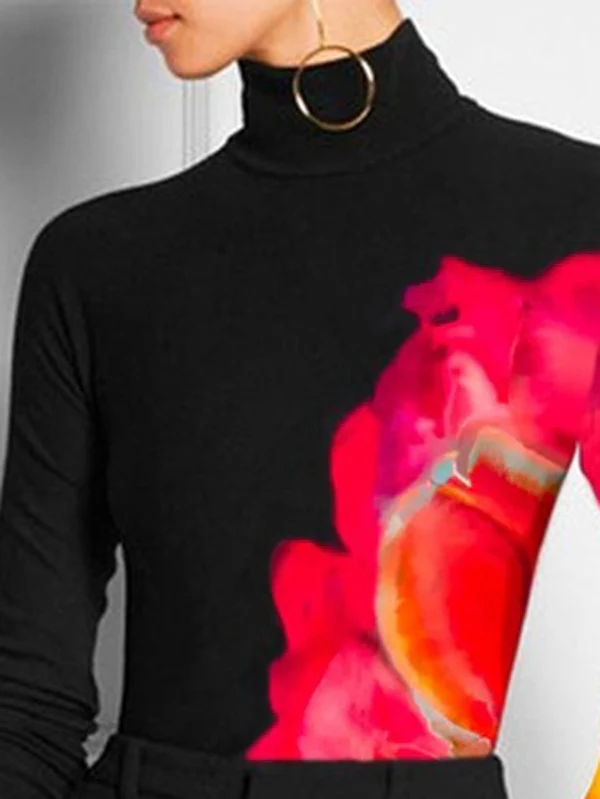 Long Sleeves Skinny Contrast Color Printed High Neck T-Shirts - Image 4