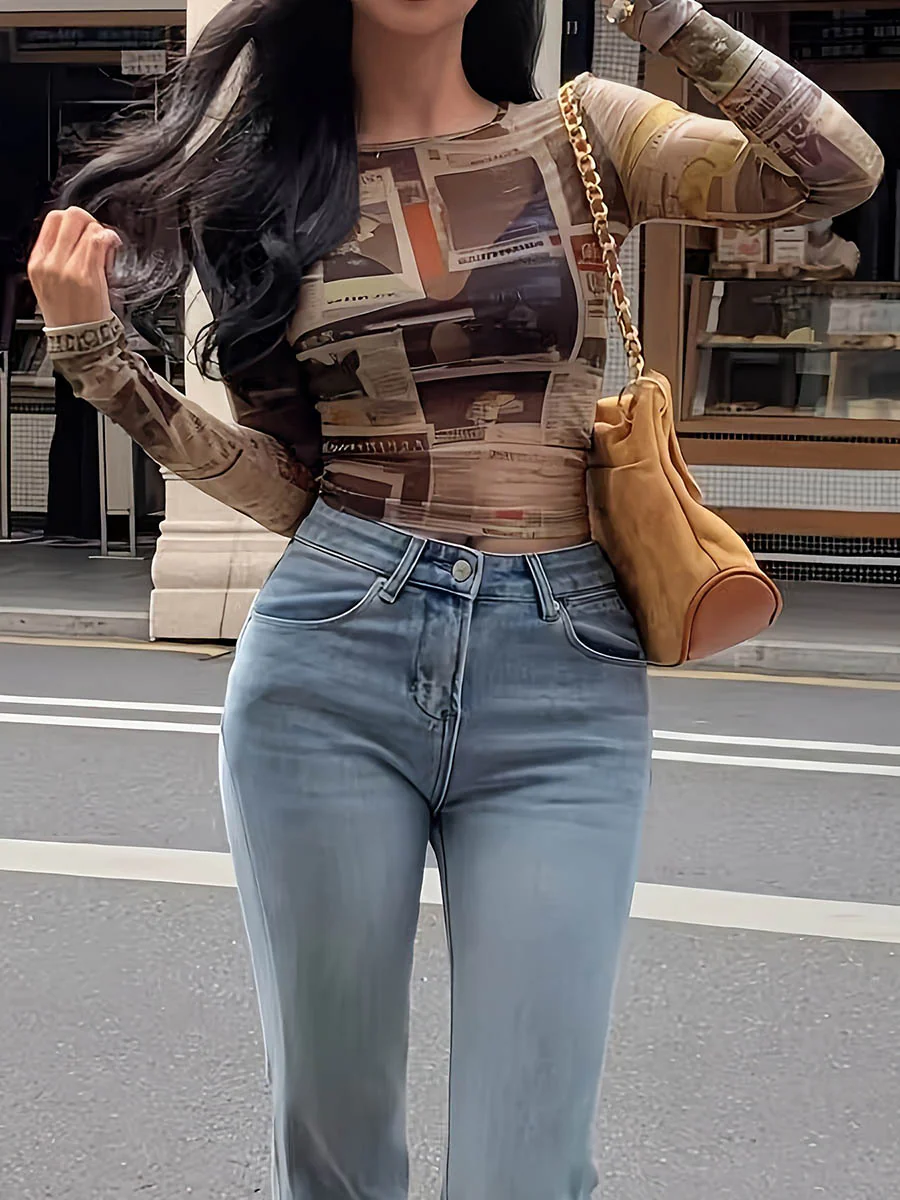 Long Sleeves Skinny Contrast Color Printed Split-Joint Round-Neck T-Shirts Tops - Image 2