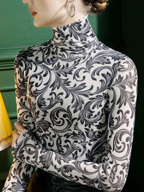 Long Sleeves Skinny Contrast Color Split-Joint High Neck T-Shirts Tops - Image 4