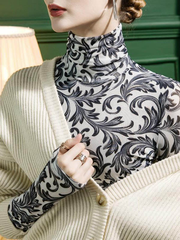 Long Sleeves Skinny Contrast Color Split-Joint High Neck T-Shirts Tops - Image 5