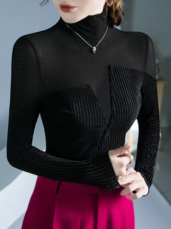 Long Sleeves Skinny Contrast Color Split-Joint High Neck T-Shirts Tops - Image 2