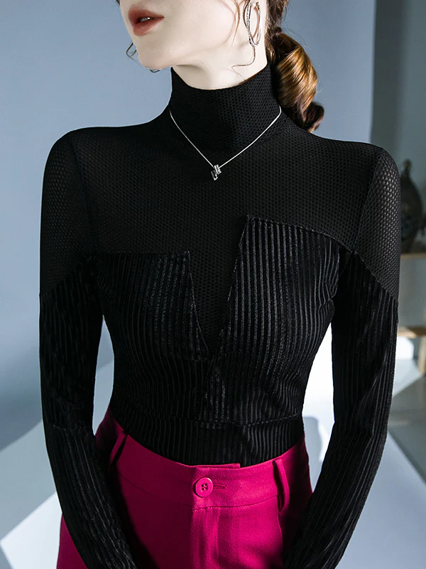 Long Sleeves Skinny Contrast Color Split-Joint High Neck T-Shirts Tops - Image 4