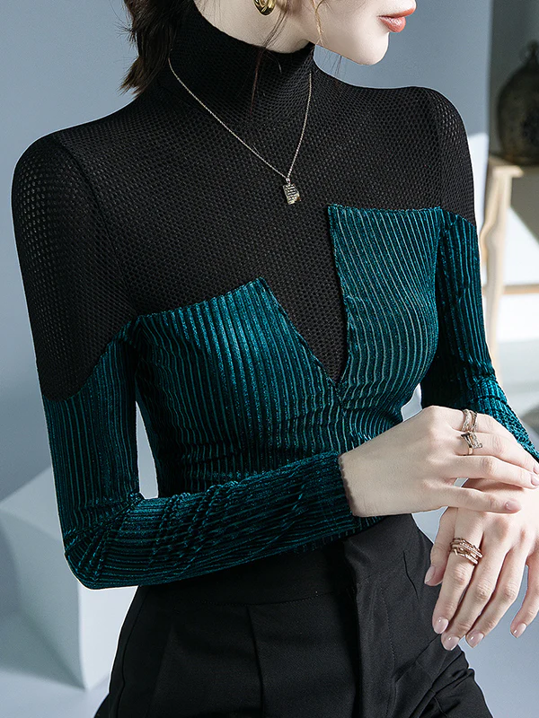 Long Sleeves Skinny Contrast Color Split-Joint High Neck T-Shirts Tops - Image 5