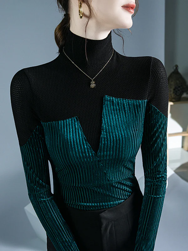 Long Sleeves Skinny Contrast Color Split-Joint High Neck T-Shirts Tops - Image 6