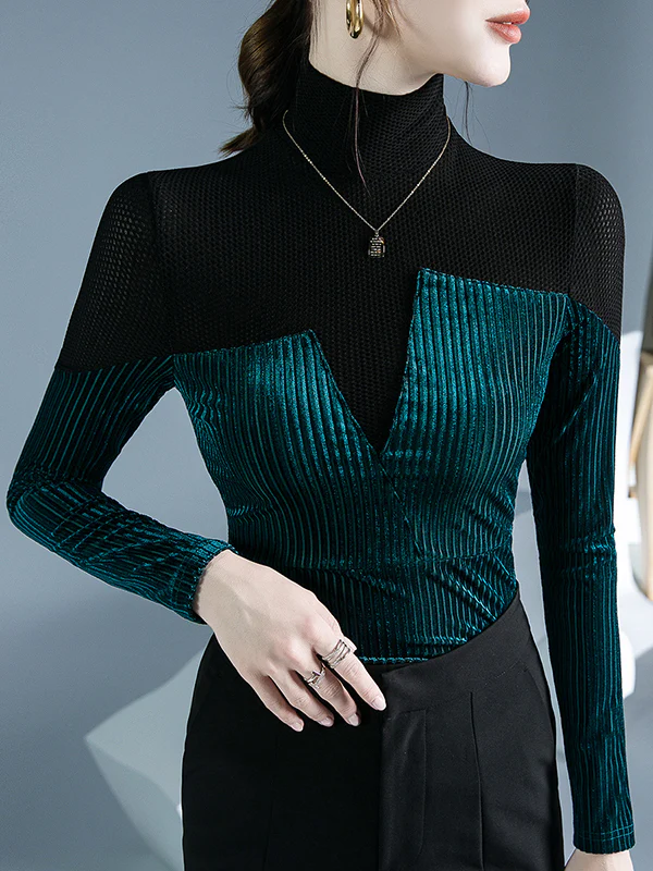 Long Sleeves Skinny Contrast Color Split-Joint High Neck T-Shirts Tops - Image 7