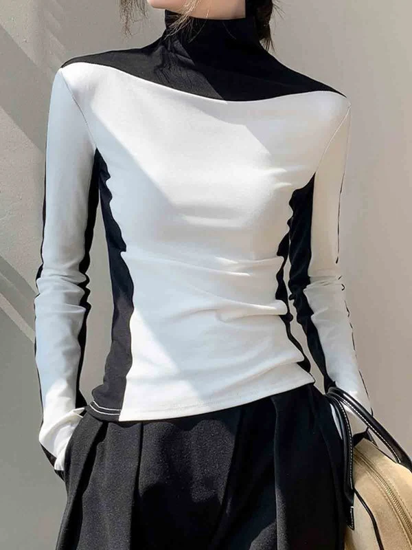 Long Sleeves Skinny Contrast Color Split-Joint High Neck T-Shirts Tops - Image 2
