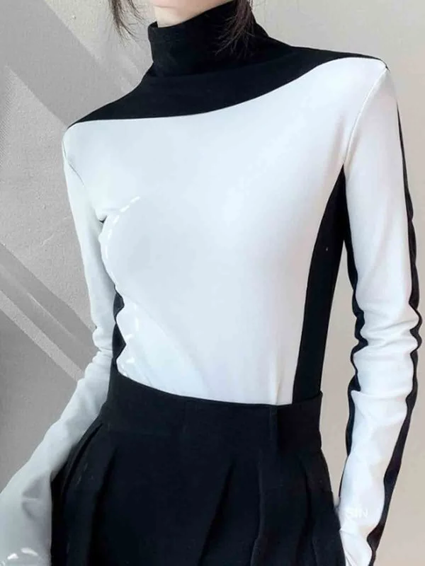 Long Sleeves Skinny Contrast Color Split-Joint High Neck T-Shirts Tops - Image 3