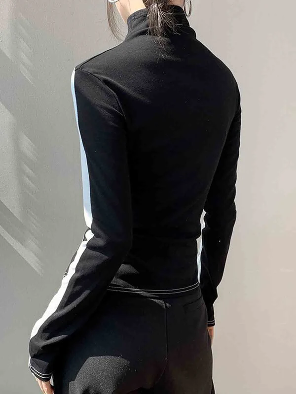 Long Sleeves Skinny Contrast Color Split-Joint High Neck T-Shirts Tops - Image 4