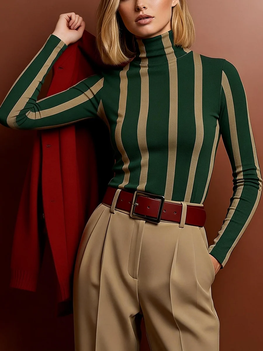 Long Sleeves Skinny Contrast Color Split-Joint Striped High Neck Blouses&Shirts Tops - Image 2