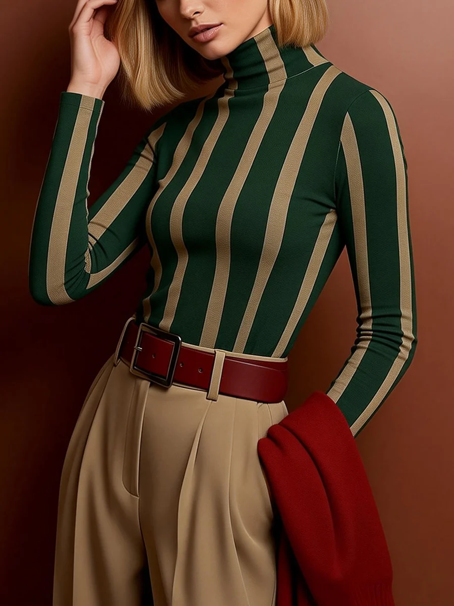 Long Sleeves Skinny Contrast Color Split-Joint Striped High Neck Blouses&Shirts Tops - Image 3