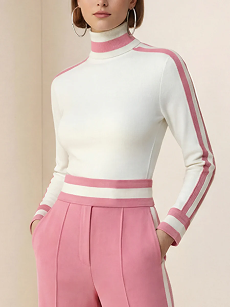 Long Sleeves Skinny Contrast Color Split-Joint Striped High Neck T-Shirts Tops - Image 10
