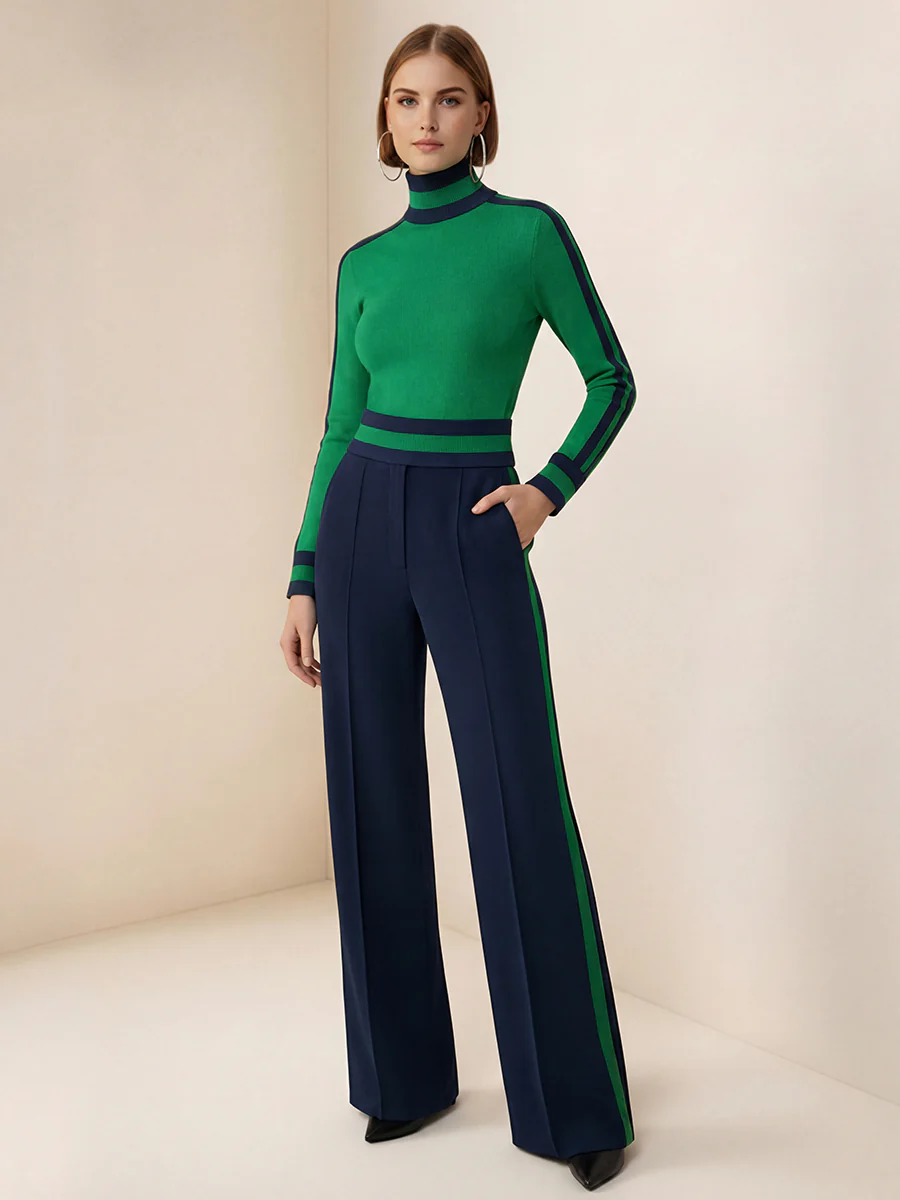 Long Sleeves Skinny Contrast Color Split-Joint Striped High Neck T-Shirts Tops - Image 11