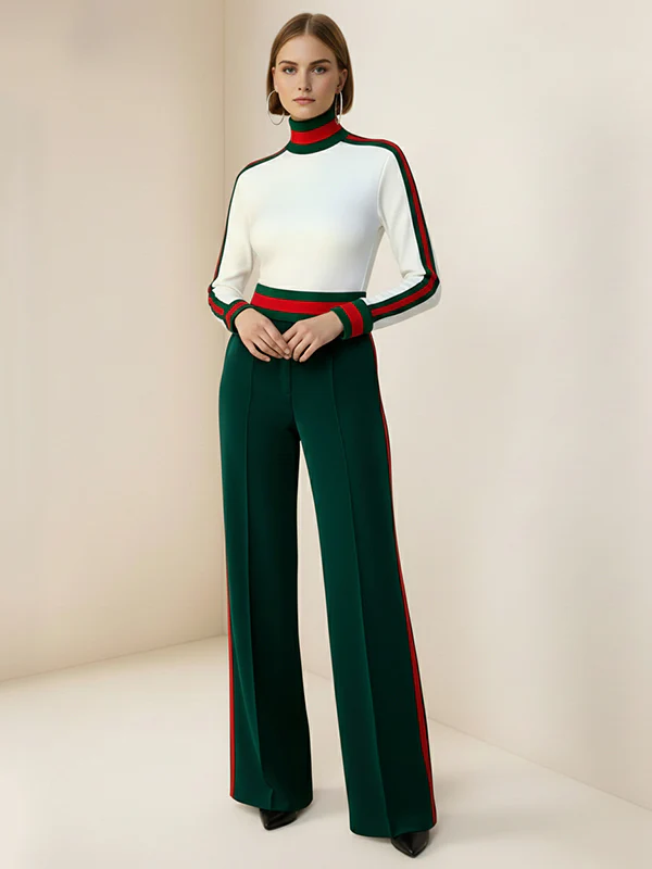 Long Sleeves Skinny Contrast Color Split-Joint Striped High Neck T-Shirts Tops - Image 12