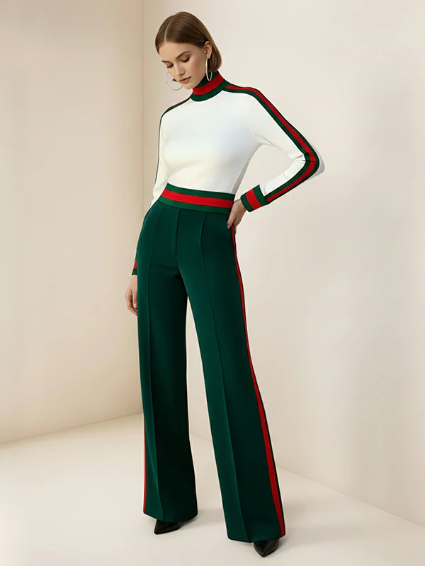 Long Sleeves Skinny Contrast Color Split-Joint Striped High Neck T-Shirts Tops - Image 14