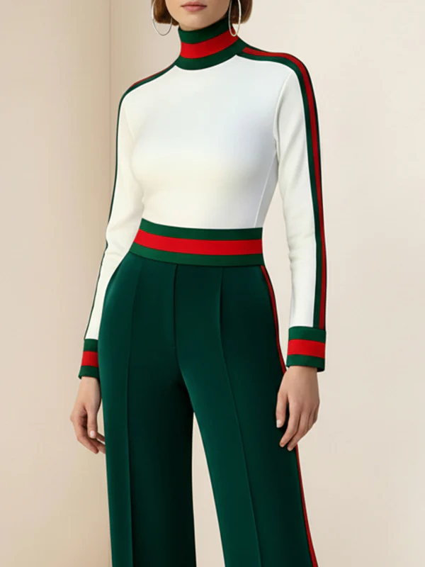 Long Sleeves Skinny Contrast Color Split-Joint Striped High Neck T-Shirts Tops - Image 2