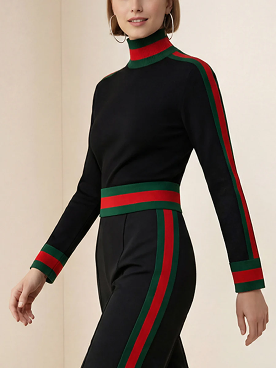 Long Sleeves Skinny Contrast Color Split-Joint Striped High Neck T-Shirts Tops - Image 4