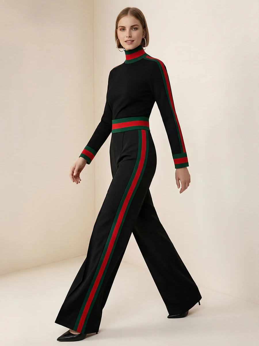 Long Sleeves Skinny Contrast Color Split-Joint Striped High Neck T-Shirts Tops - Image 5