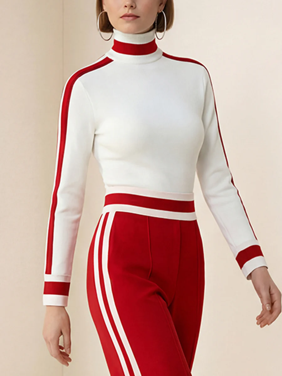 Long Sleeves Skinny Contrast Color Split-Joint Striped High Neck T-Shirts Tops - Image 6