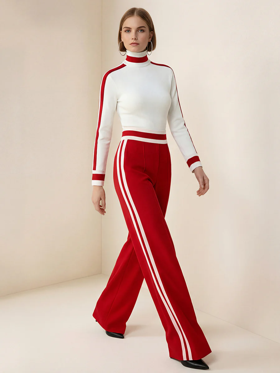 Long Sleeves Skinny Contrast Color Split-Joint Striped High Neck T-Shirts Tops - Image 7