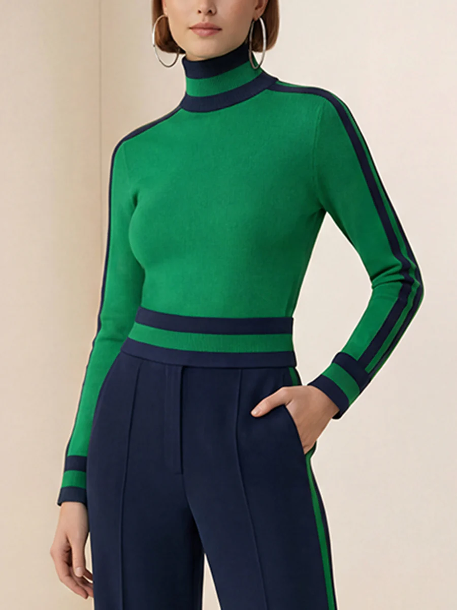 Long Sleeves Skinny Contrast Color Split-Joint Striped High Neck T-Shirts Tops - Image 8
