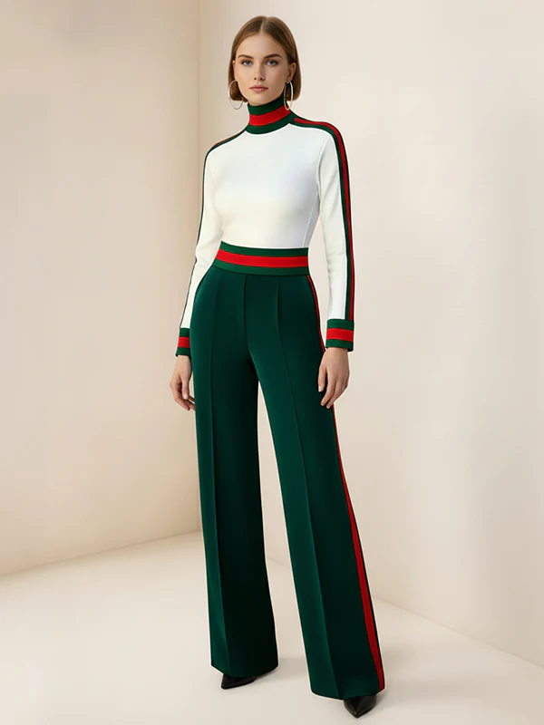 Long Sleeves Skinny Contrast Color Split-Joint Striped High Neck T-Shirts Tops - Image 9